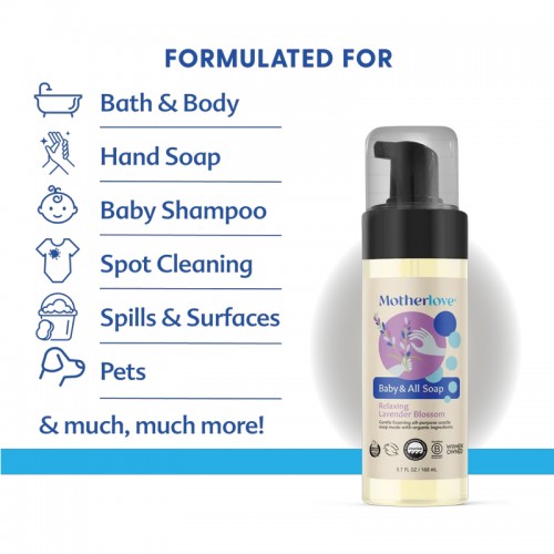 Motherlove Baby & All® Soap - Relaxing Lavender Blossom 168ml | Gentle foaming all-purpose castile soap made with organic ingredients | Organic Baby Soap | Made in USA | 3 months+
